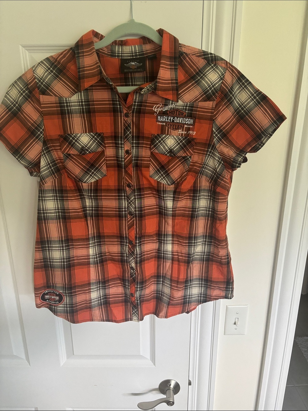 Harley-Davidson women’s  Orange Black Plaid Short Sleeve Button-Down  Shirt